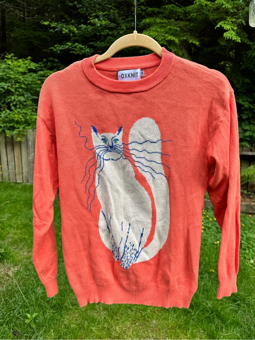OXKNIT Coral Crewneck Sweater with Cat Intarsia